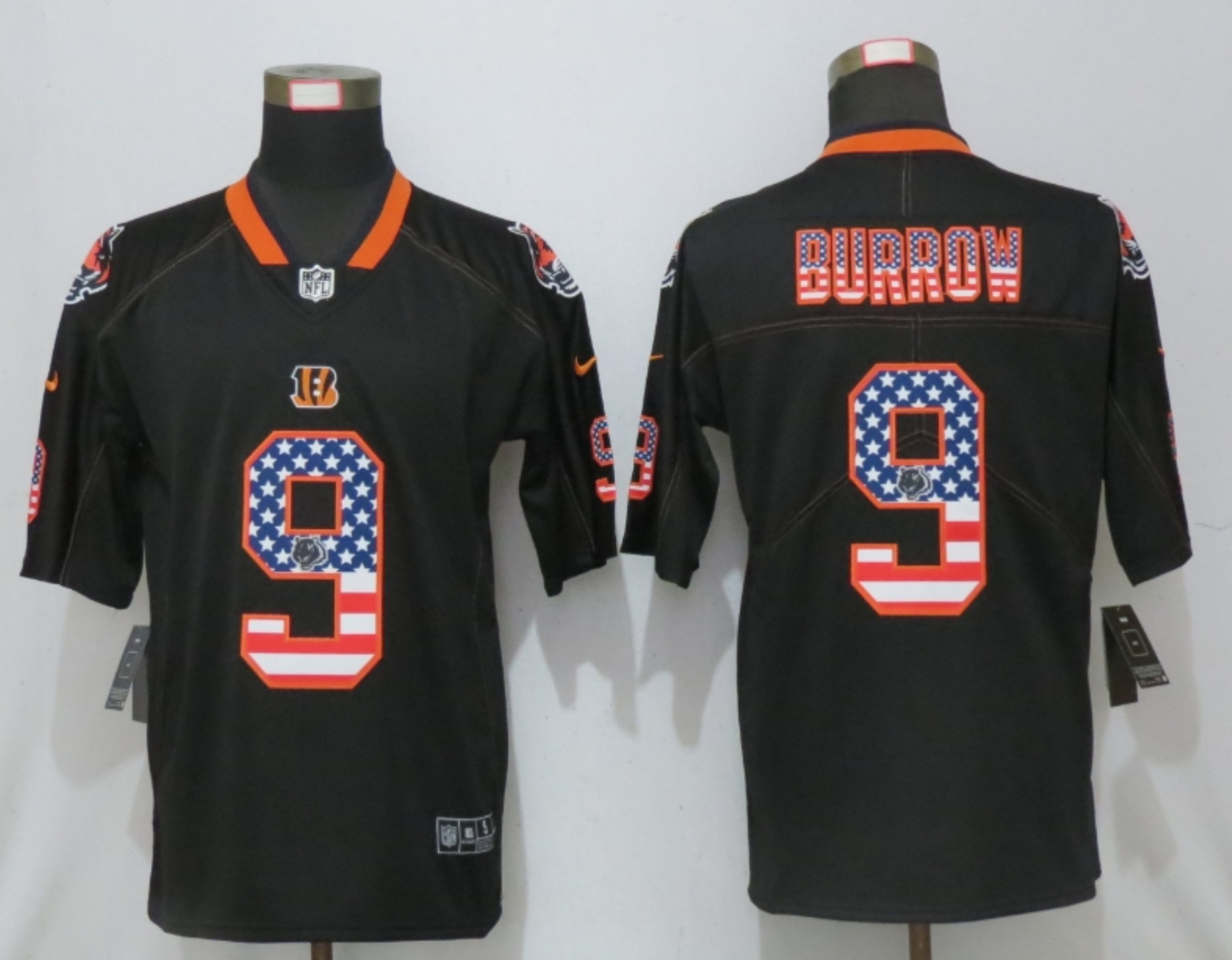 Men New Nike Cincinnati Bengals #9 Burrow USA Flag Fashion Black Elite Jersey